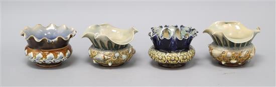 A pair of Doulton Lambeth shells frill vases, and two other Doulton Lambeth frill vases, c.1885-1900, diameter 9cm - 10cm